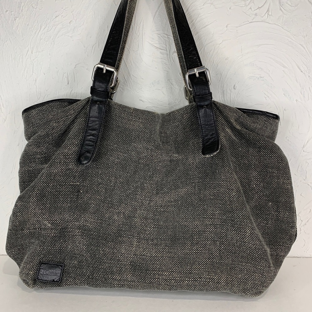 Tom's Gray Black Straps Canvas Tote Bag Purse Handbag 14 x 12 x 5
